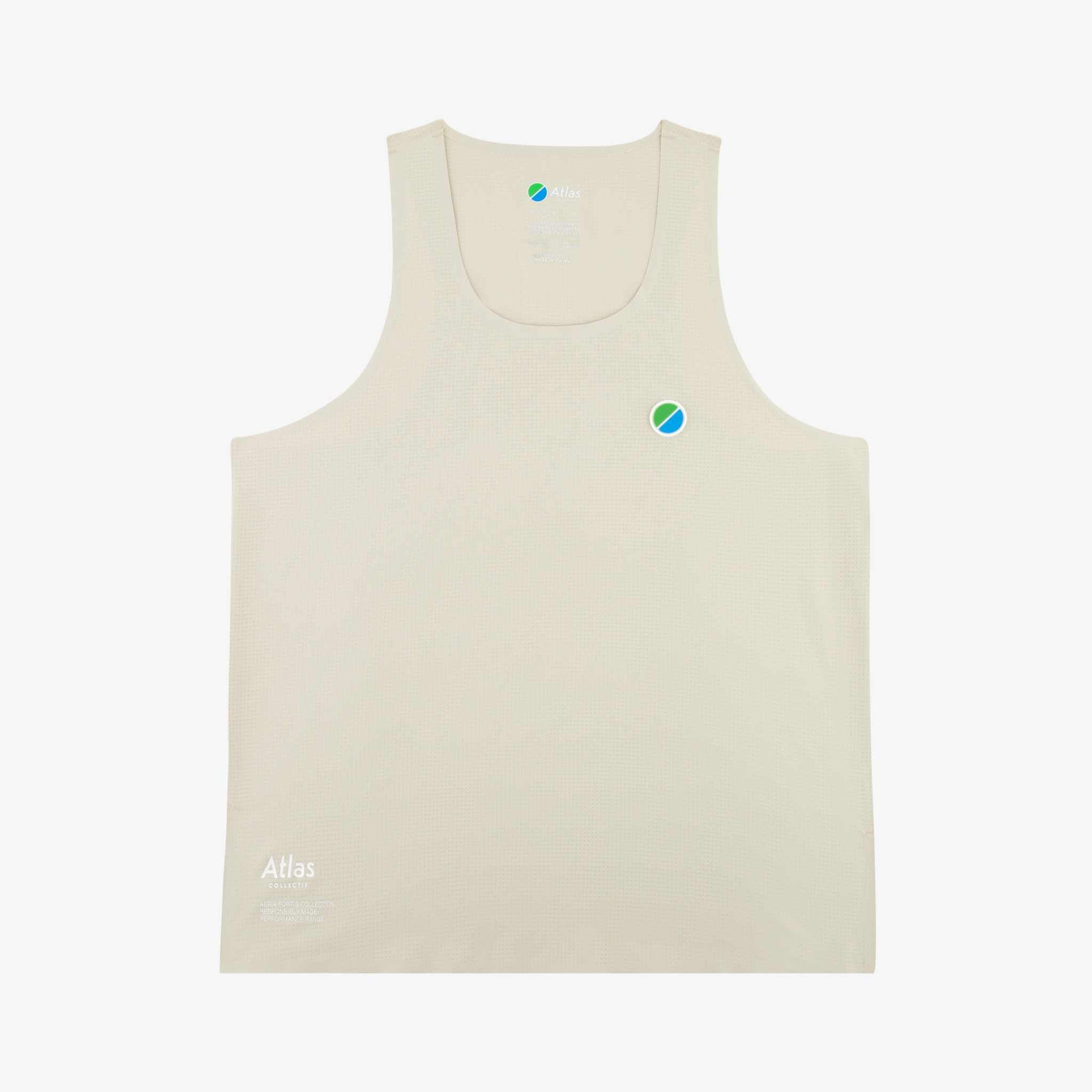 Aeria Fortis WMNS Race Tank in beige, featuring lightweight recycled ripstop, micro-mesh texture, and silicone chest patch.